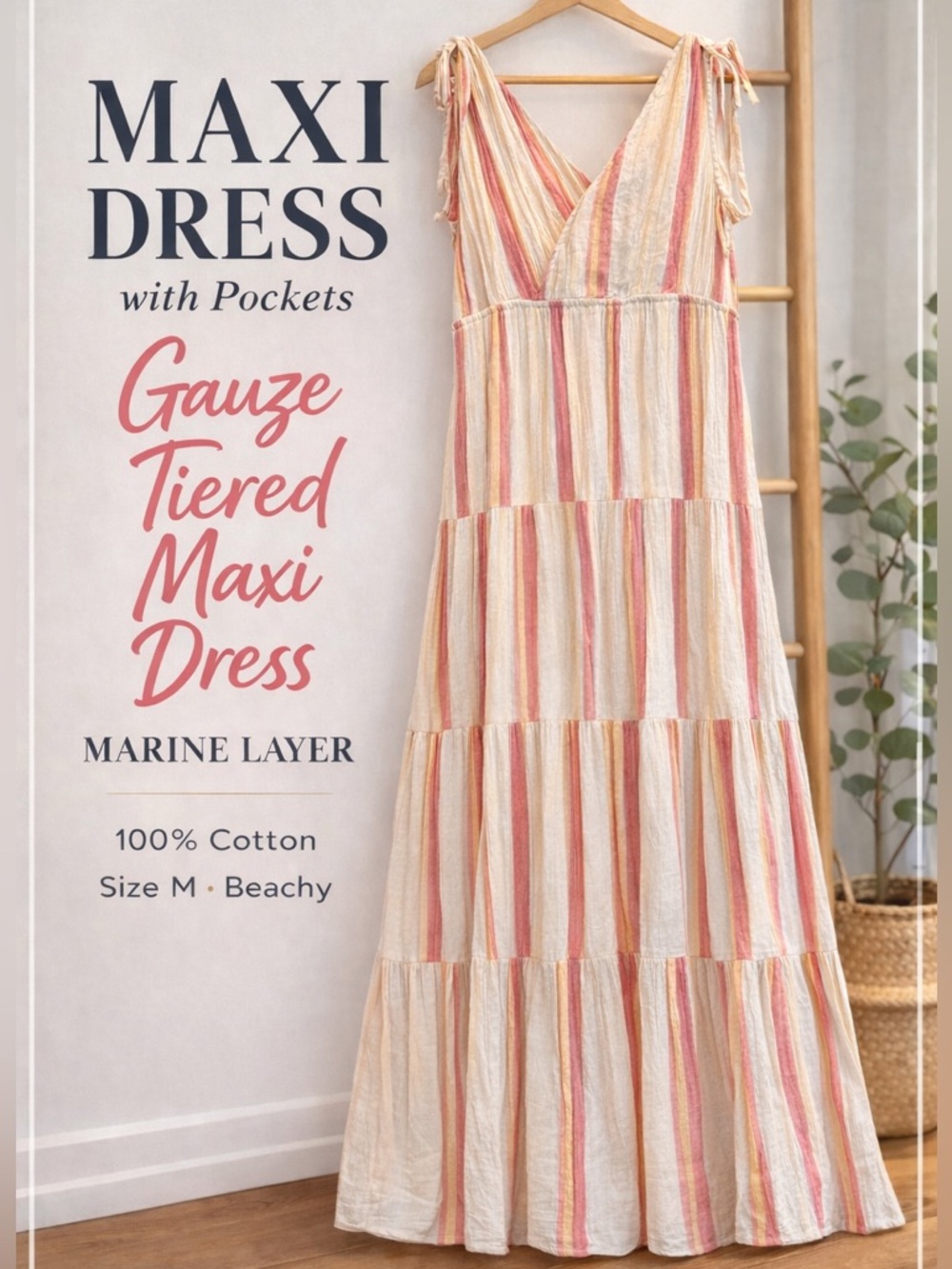 Marine Layer Gauze Tiered Maxi Dress Pink Stripe Cotton Tie Strap M pockets